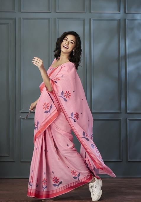 Pink Resham Woven Linen Saree Set