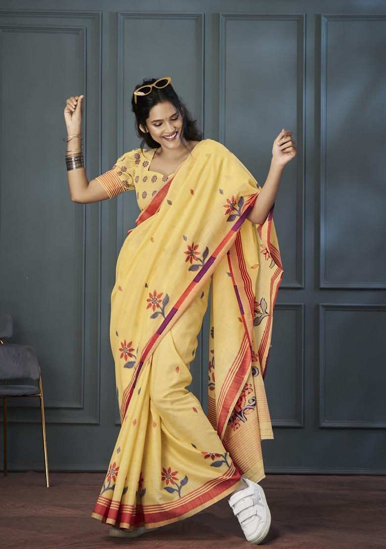 Yellow Resham Woven Linen Saree Set