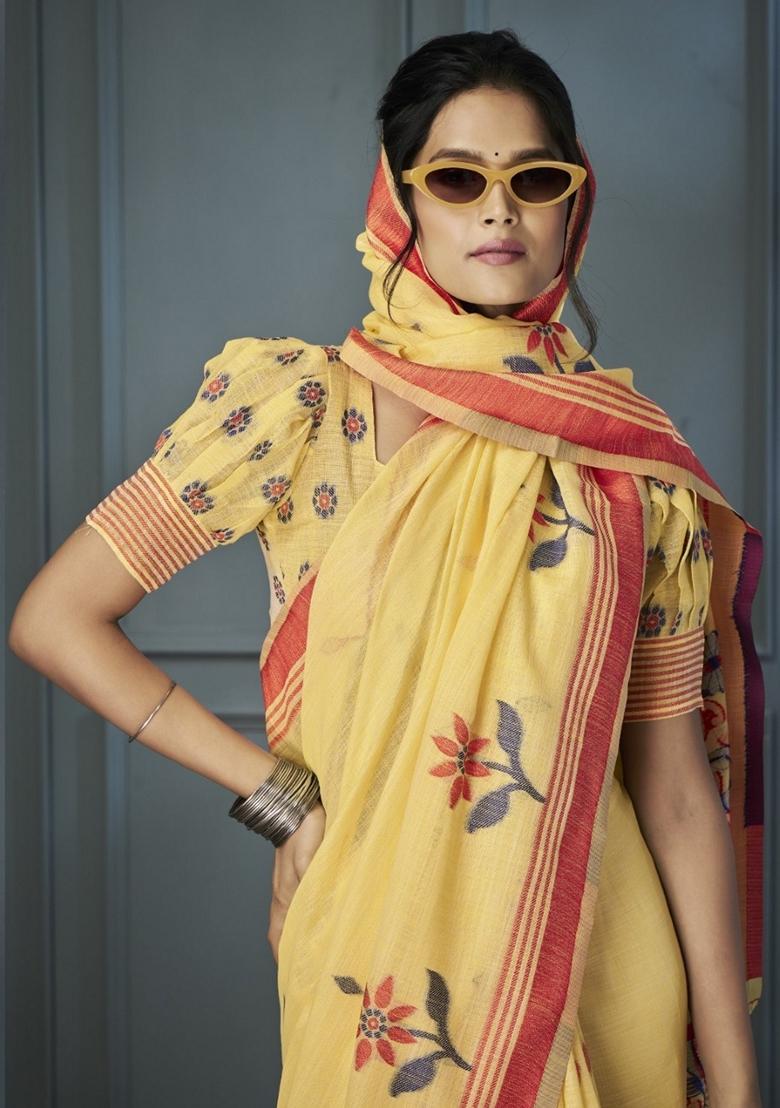 Yellow Resham Woven Linen Saree Set