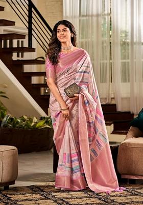Pink Abstract Print Silk Saree Set