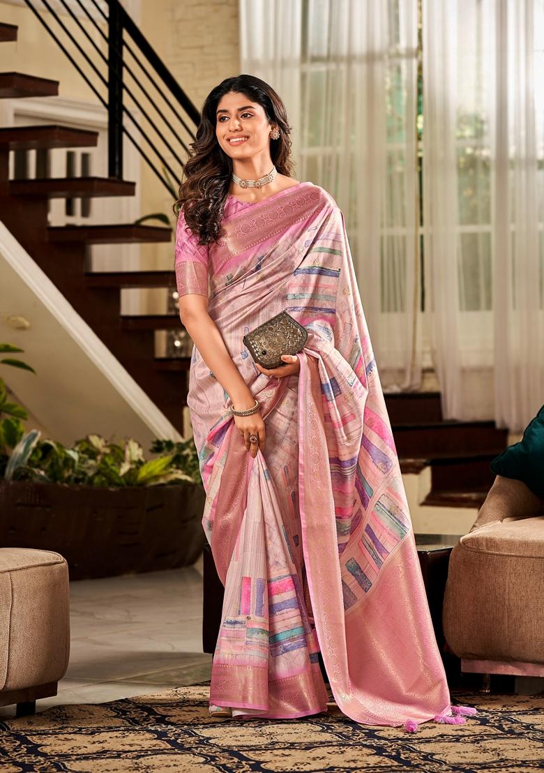 Pink Abstract Print Silk Saree Set