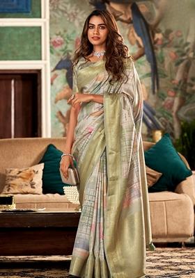 Grey Abstract Print Silk Saree Set