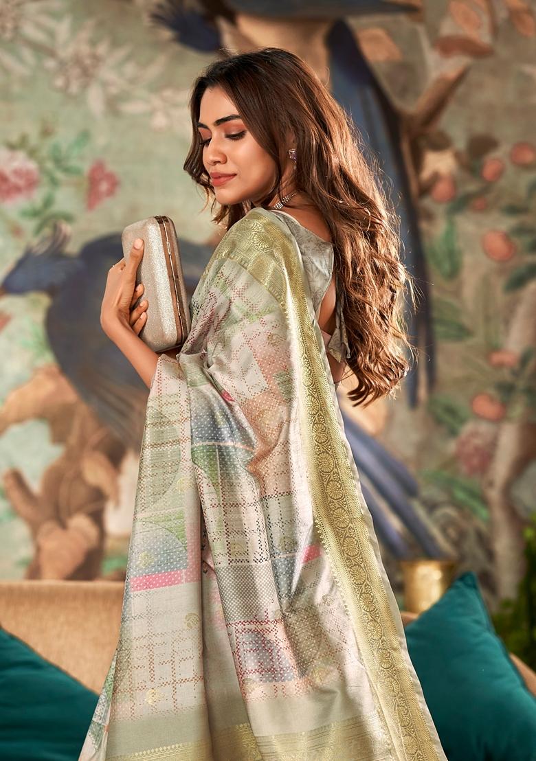 Golden Abstract Print Silk Saree Set