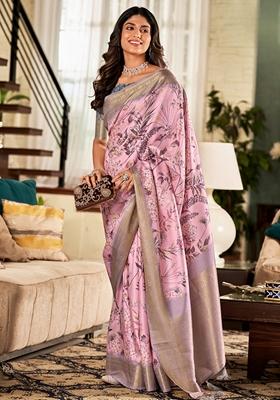 Purple Abstract Print Silk Saree Set