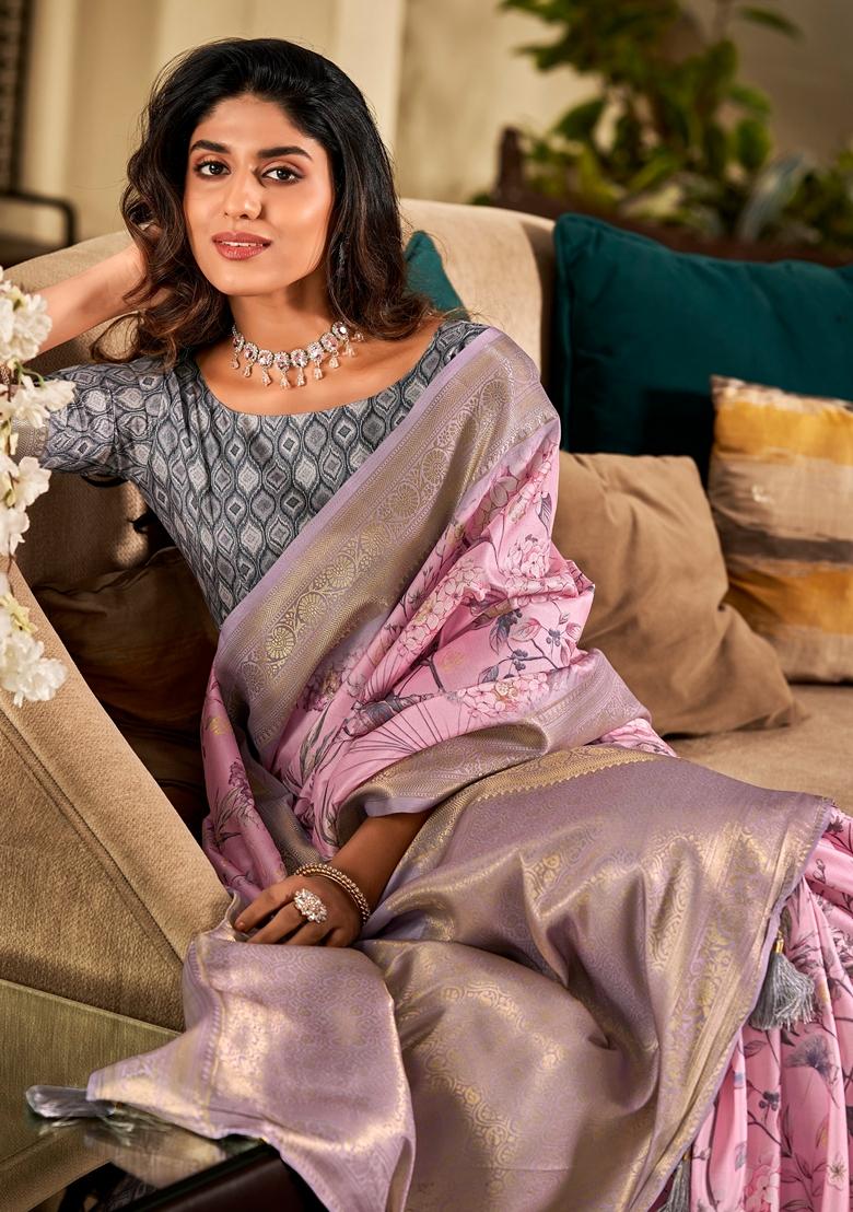 Golden Abstract Print Silk Saree Set