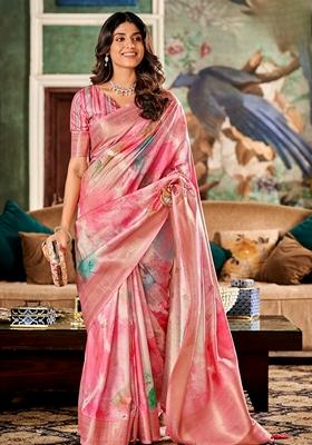 Pink Abstract Print Silk Saree Set