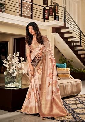 White Abstract Print Silk Saree Set