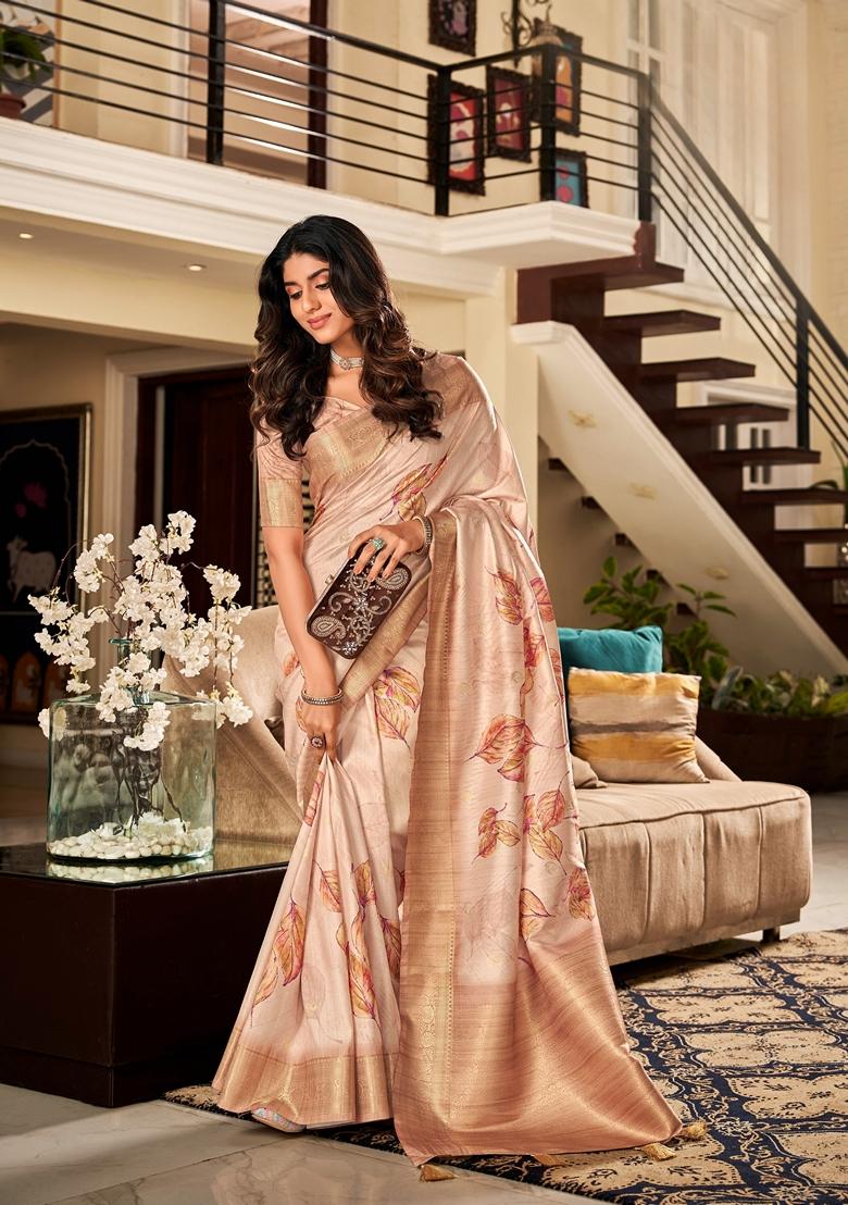 White Abstract Print Silk Saree Set