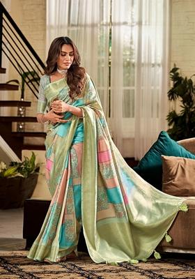 Golden Abstract Print Silk Saree Set