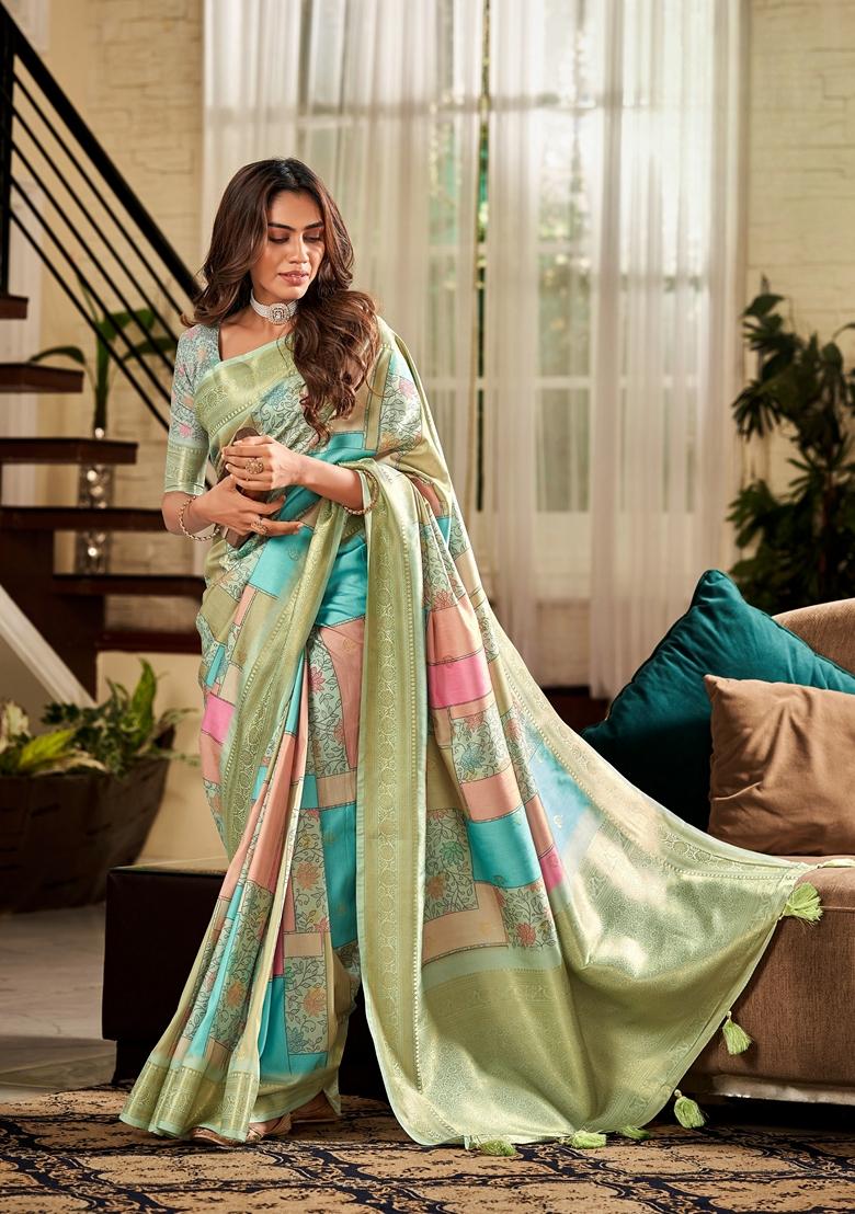 Multi Abstract Print Silk Saree Set