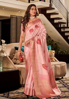 Golden Abstract Print Silk Saree Set