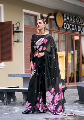 Golden Floral Print Pure Georgette Saree Set