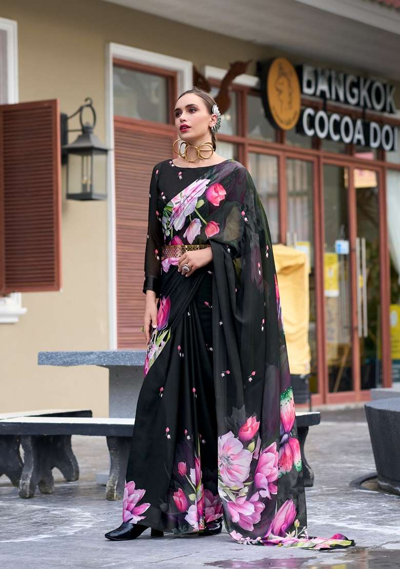 Golden Floral Print Pure Georgette Saree Set for Diwali and Festive Wear - Indya