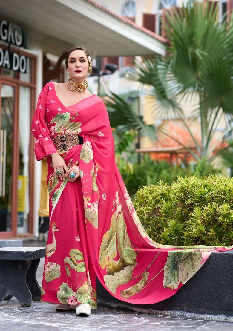 Golden Pure Georgette Saree Set with Floral Print for Diwali | Wedding & Festive Wear - Indya