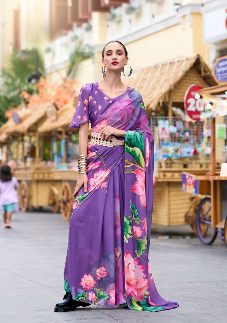 Golden Pure Georgette Saree Set with Floral Print for Diwali | Wedding & Festive Wear - Indya