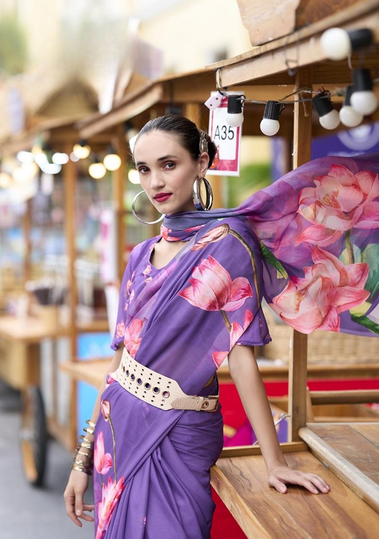 Golden Floral Print Pure Georgette Saree Set