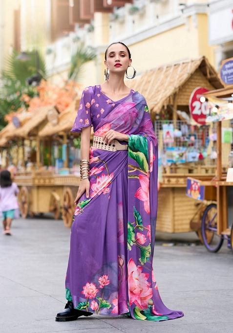 Golden Floral Print Pure Georgette Saree Set