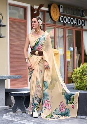 Golden Floral Print Pure Georgette Saree Set