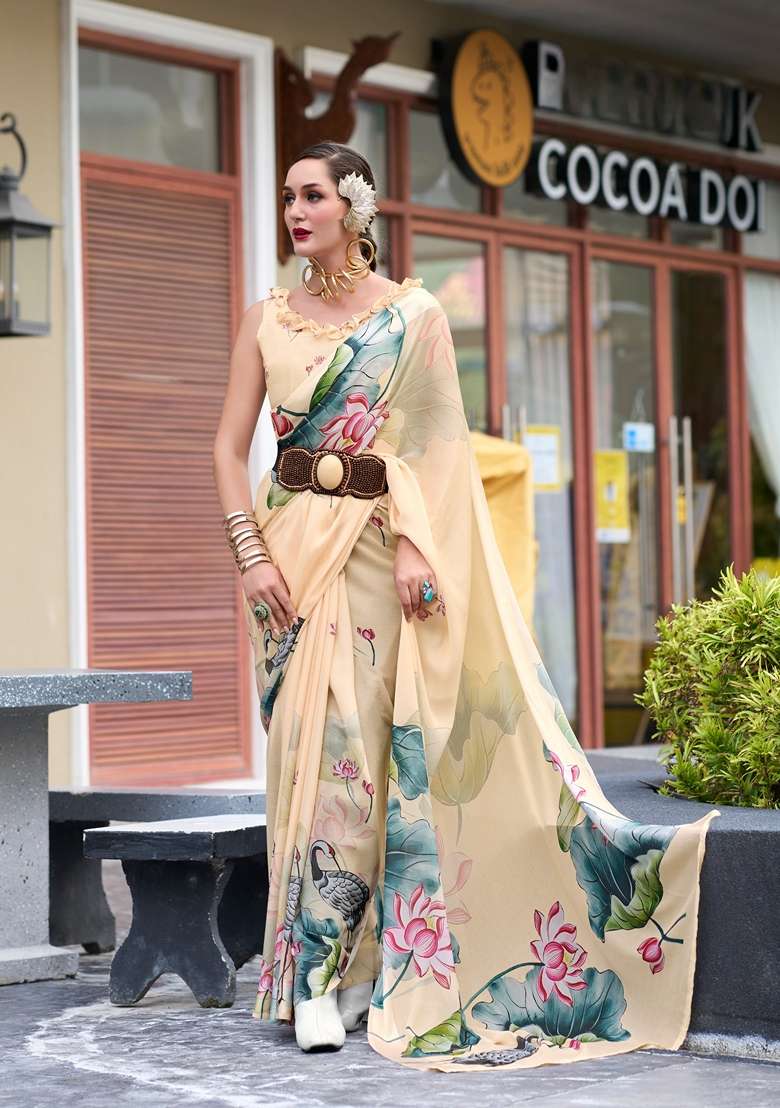 Golden Floral Print Pure Georgette Saree Set for Diwali and Festive Wear - Indya