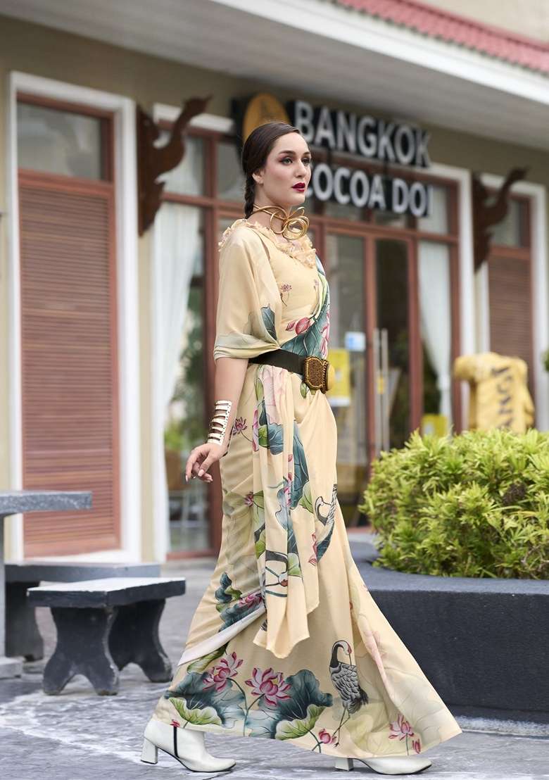 Golden Floral Print Pure Georgette Saree Set for Diwali and Festive Wear - Indya