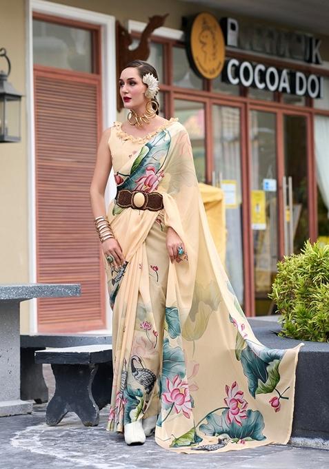 Golden Floral Print Pure Georgette Saree Set