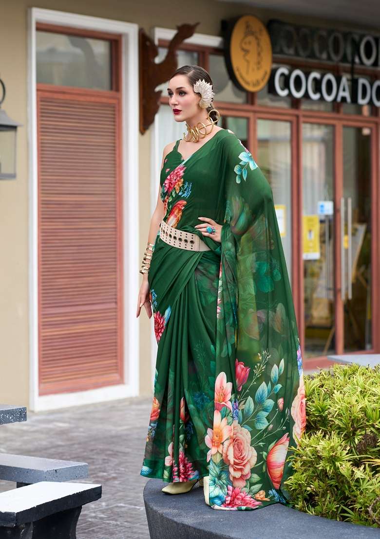 Golden Floral Print Pure Georgette Saree Set for Diwali and Festive Wear - Indya