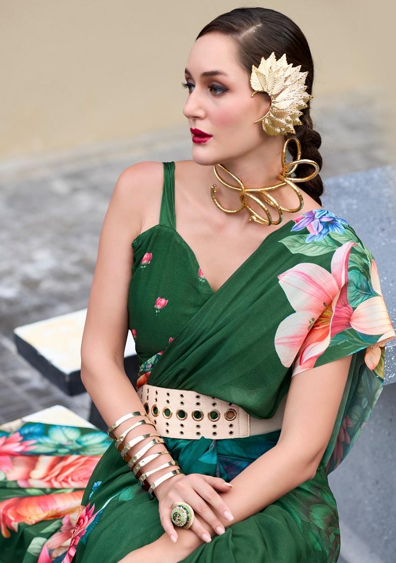 Golden Floral Print Pure Georgette Saree Set