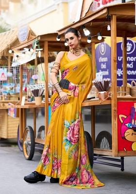 Golden Floral Print Pure Georgette Saree Set