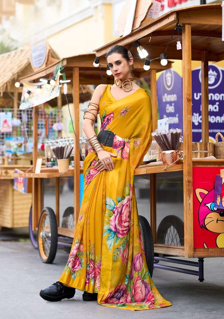 Golden Pure Georgette Saree Set with Floral Print for Diwali | Wedding & Festive Wear - Indya