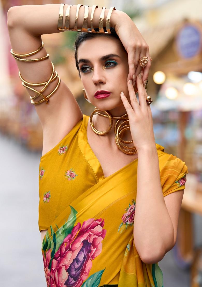 Golden Floral Print Pure Georgette Saree Set