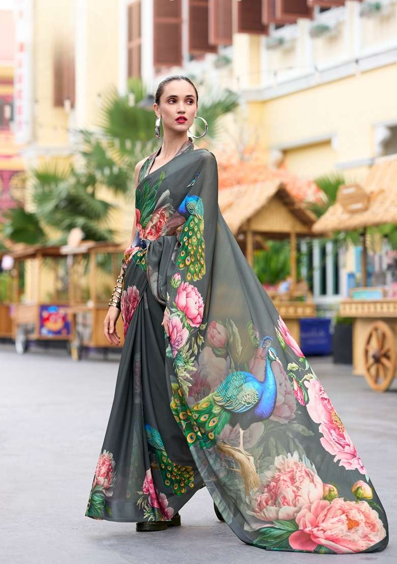 Golden Pure Georgette Saree Set with Floral Print for Diwali | Wedding & Festive Wear - Indya