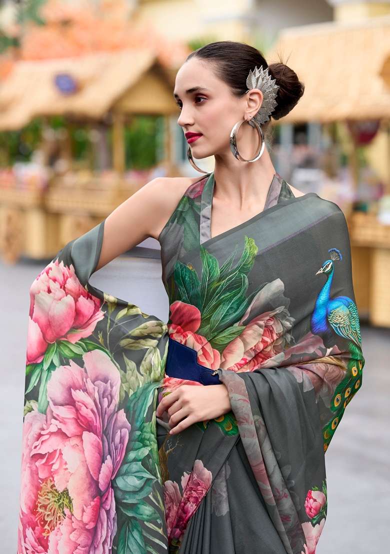 Golden Pure Georgette Saree Set with Floral Print for Diwali | Wedding & Festive Wear - Indya