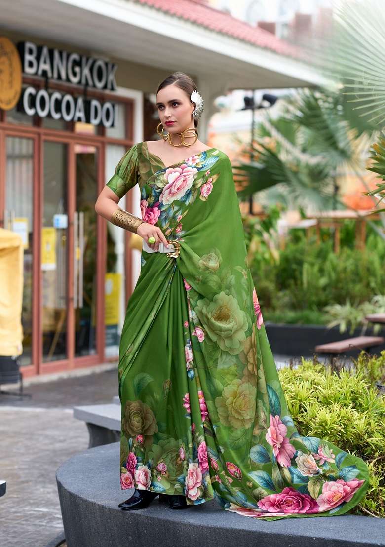 Golden Pure Georgette Saree Set with Floral Print for Diwali | Wedding & Festive Wear - Indya