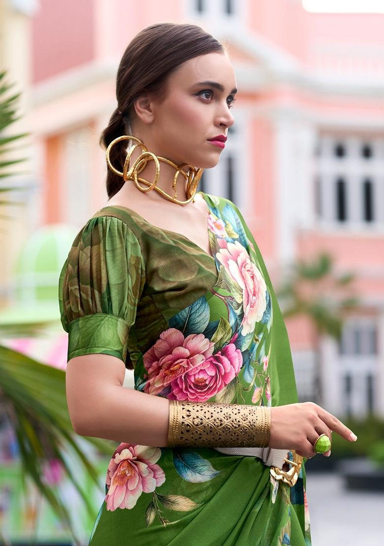 Golden Floral Print Pure Georgette Saree Set