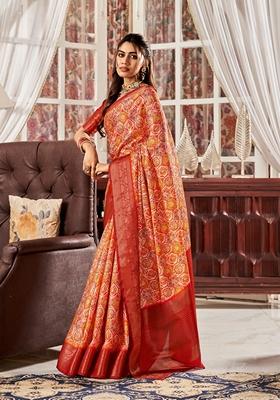 Golden Floral Print Pure Satin Saree Set
