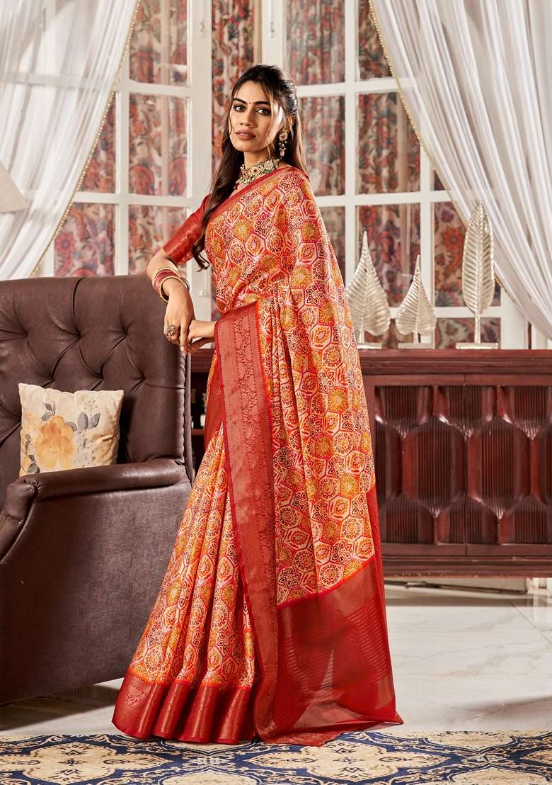 Golden Floral Print Pure Satin Saree Set - Indya