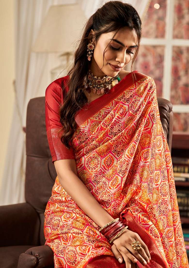 Golden Floral Print Pure Satin Saree Set - Indya