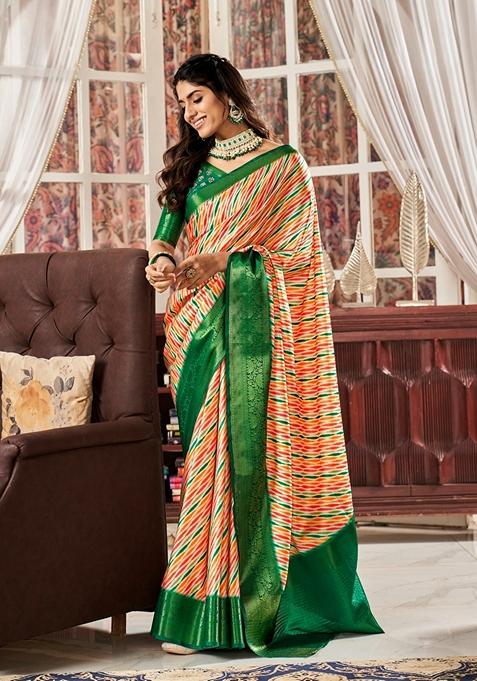 Golden Floral Print Pure Satin Saree Set
