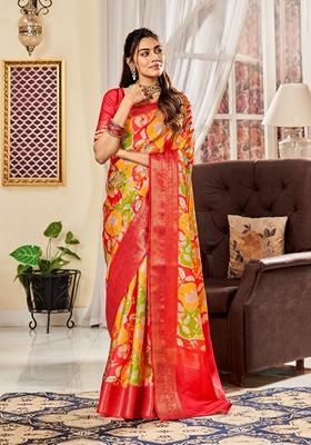 Golden Floral Print Pure Satin Saree Set