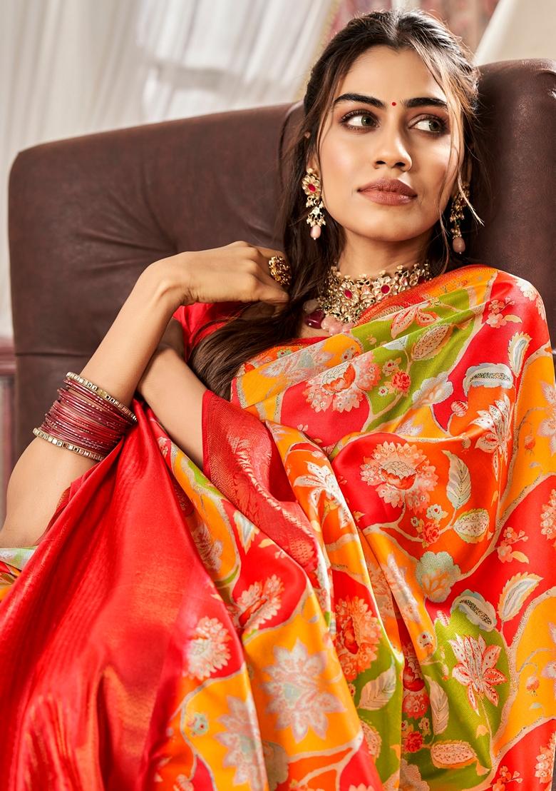 Golden Floral Print Pure Satin Saree Set