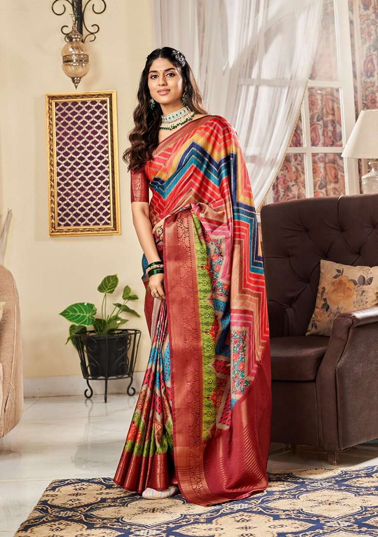Golden Floral Print Pure Satin Saree Set - Indya