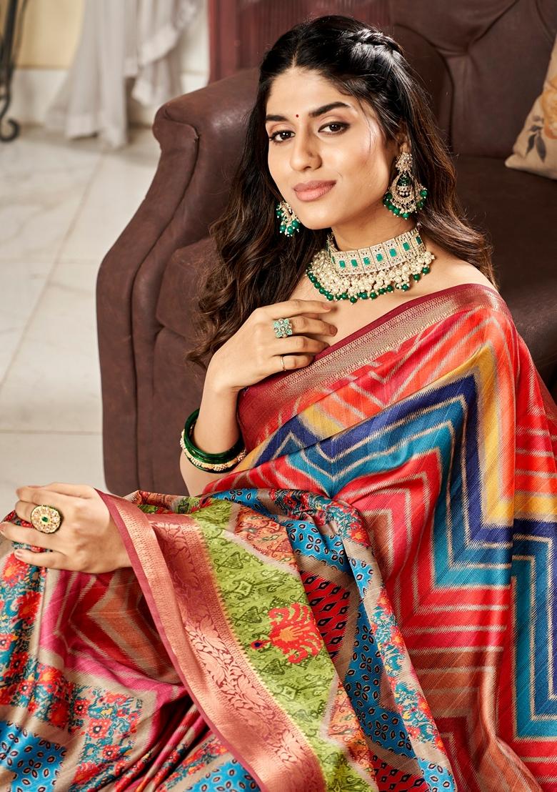 Golden Floral Print Pure Satin Saree Set