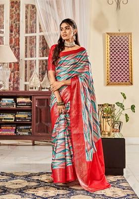 Golden Floral Print Pure Satin Saree Set