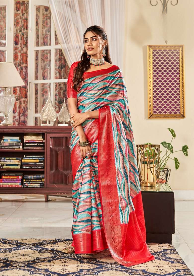 Golden Floral Print Pure Satin Saree Set - Indya