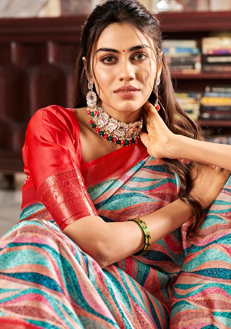 Golden Floral Print Pure Satin Saree Set