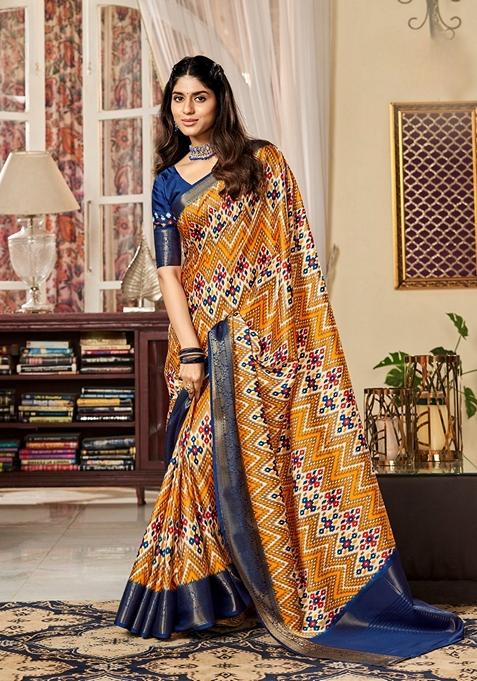 Golden Floral Print Pure Satin Saree Set