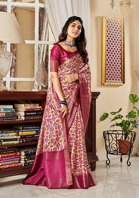 Golden Floral Print Pure Satin Saree Set