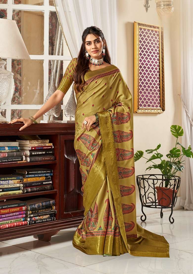 Golden Floral Print Pure Satin Saree Set - Indya