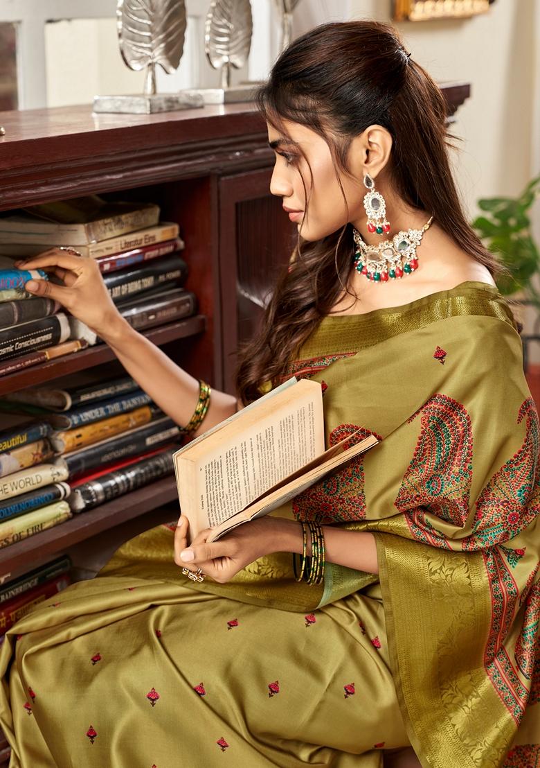 Golden Floral Print Pure Satin Saree Set