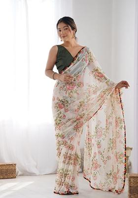 Off White Printed Georgette Saree Set